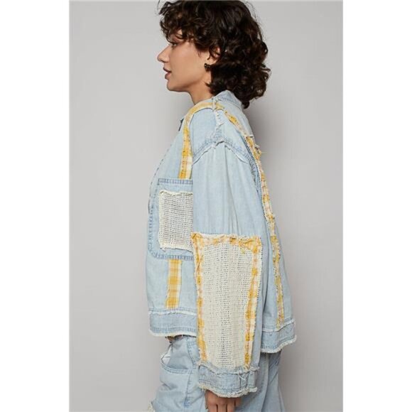 POL Raw Hem Zip Up Denim Jacket with Plaid and Crochet Patch - Picture 3 of 4